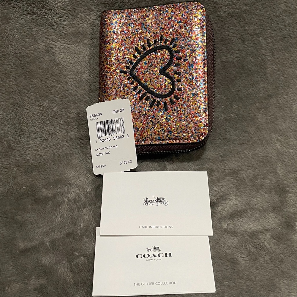 COACH Keith Haring Wallet Womens Small Multicolor Glitter Zip Around Heart - Picture 4 of 6